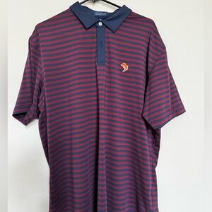 Peter Millar golf polo XL navy and maroon stripes boot ranch logo.